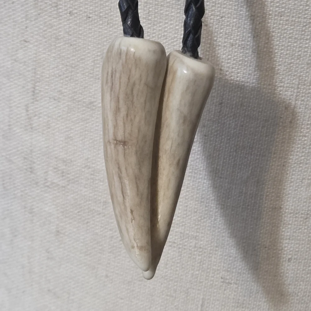 vtg antler bolo tie with buffalo head nickle tourqoise and coral leather cord